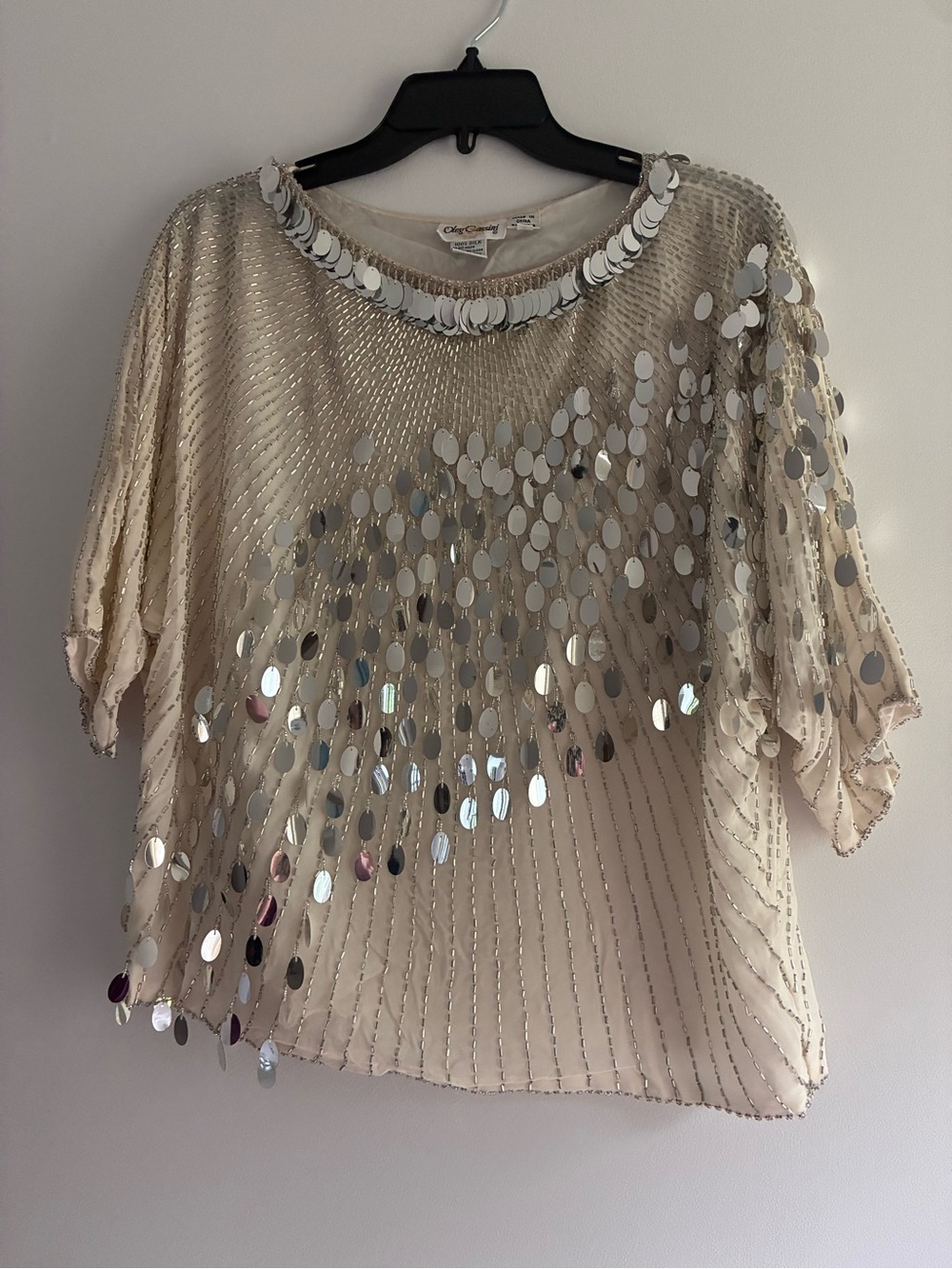 Vintage Oleg Cassini Cream Sequin-Embellished Evening Blouse